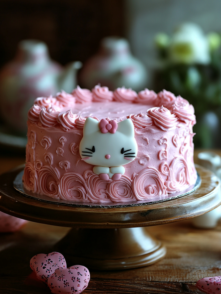 A beautifully decorated pink Hello Kitty cake displayed on a wooden cake stand, with intricate frosting designs and a fondant Hello Kitty face as the centerpiece